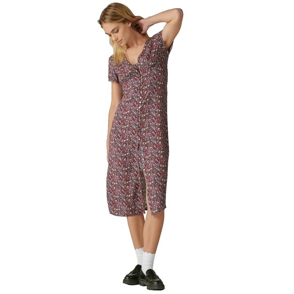 Lucky‎ Brand Button-Up Midi Dress Navy Floral Short Sleeve V-Neck Boho Western S - Picture 1 of 15